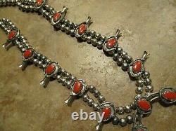 22 EXTRA FINE Vintage Navajo Sterling Silver CORAL Squash Blossom Necklace