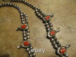 22 EXTRA FINE Vintage Navajo Sterling Silver CORAL Squash Blossom Necklace