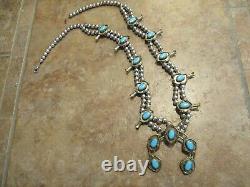 26 FINE Vintage Navajo Sterling Silver Blue Turquoise SQUASH BLOSSOM Necklace
