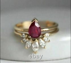 2CT Pear Lab-Created Pink Ruby Engagement Bridal Ring Set 14K Yellow Gold Plated