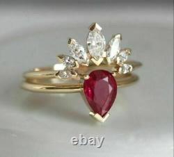2CT Pear Lab-Created Pink Ruby Engagement Bridal Ring Set 14K Yellow Gold Plated