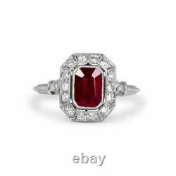 2Ct Emerald Cut Red Ruby Diamond Halo Engagement Ring Solid14K White Gold Finish