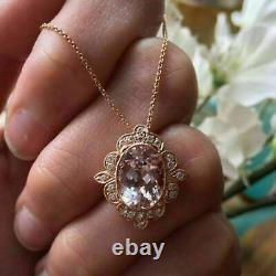 2Ct Oval Cut Morganite Diamond Vintage Halo Pendant Necklace 14K Rose Gold Over