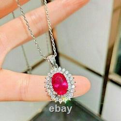 2Ct Oval Cut Red Ruby Halo Pendant Christmas 14K White Gold Finish Free Chain