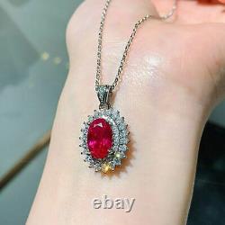 2Ct Oval Cut Red Ruby Halo Pendant Christmas 14K White Gold Finish Free Chain