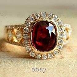 2Ct Oval Lab-Created Red Garnet Halo Wedding Ring 14K Yellow Gold Silver Plated