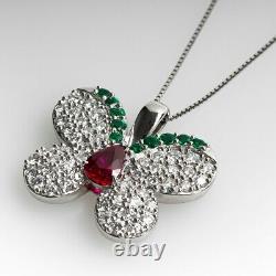 2Ct Pear Cut Multicolor Butterfly Pendant in 14K White Gold Finish 18 Free Chain
