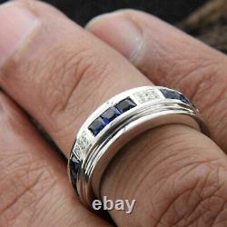 2Ct Princess Cut Blue Sapphire Men's Wedding Band Ring 14K White Gold Plated