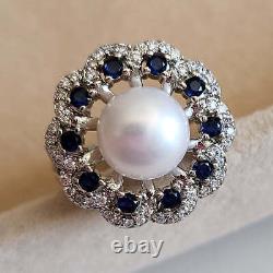 2Ct Round Cut White Pearl & Sapphire Flower Engagement Ring 14kWhite Gold Finish