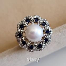 2Ct Round Cut White Pearl & Sapphire Flower Engagement Ring 14kWhite Gold Finish