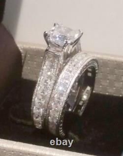 3.00 Ct Princess Diamond Engagement ring set Antique White Gold Platinum Finish