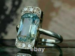 3.4Ct Aquamarine Vintage Style Art Deco Engagement Victorian Ring 925 Silver