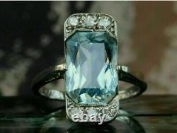 3.4Ct Aquamarine Vintage Style Art Deco Engagement Victorian Ring 925 Silver