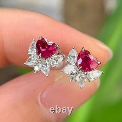 3.50Ct Heart Cut Simulated Red Ruby Halo Stud Earrings 14K White Gold Plated
