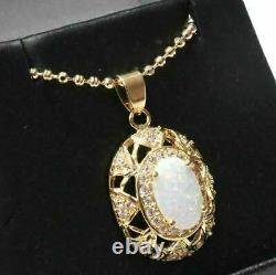3 Ct Oval Cut Fire Opal & Diamond Vintage Pendant Necklace 14K Yellow Gold Over