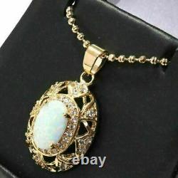 3 Ct Oval Cut Fire Opal & Diamond Vintage Pendant Necklace 14K Yellow Gold Over