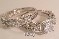 3 Ct Princess cut Vintage Diamond Engagement Ring Wedding set White Gold ov