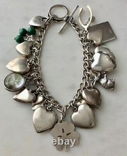 33 Vintage Sterling Silver Enamel Shamrocks Puffy Heart Charms Bracelet W Lampl