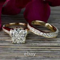 3Ct Cushion Cut Real Moissanite Bridal Set Wedding Ring 14K Yellow Gold Plated