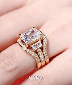 3Ct Emerald Cut Moissanite Trio-Set Engagement Ring In 14K Yellow Gold Plated