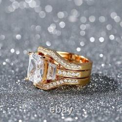 3Ct Emerald Cut Moissanite Trio-Set Engagement Ring In 14K Yellow Gold Plated