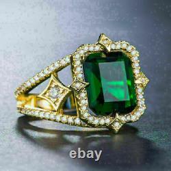 3Ct Emerald Simulated Green Emerald Halo Engagement Ring 14K Yellow Gold Plated