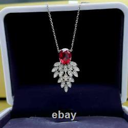 3Ct Oval Cut Red Ruby & Diamond Pendant In 14K White Gold Finish 18 Free Chain