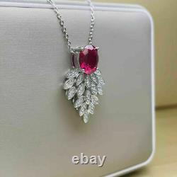 3Ct Oval Cut Red Ruby & Diamond Pendant In 14K White Gold Finish 18 Free Chain