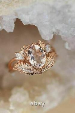3Ct Oval Lab Created Morganite Diamond Leaves Vintage Ring 14K Rose Gold Over