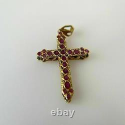 3Ct Round Cut Red Ruby Cross Vintage Pendant 14K Yellow Gold Finish Free Chain