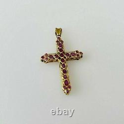 3Ct Round Cut Red Ruby Cross Vintage Pendant 14K Yellow Gold Finish Free Chain