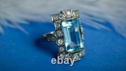 4.20 Ct Diamond Vintage Antique Engagement Art Deco Aquamarine Ring 925 Silver