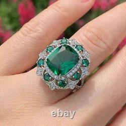 4.20Ct Cushion Cut Green Emerald Halo Engagement Ring 14K White Gold Finish