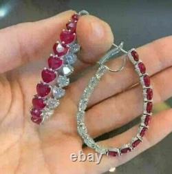 4.50Ct Heart Cut Lab-Created Red Ruby 925 Sterling Silver Clip-On Hoop Earrings