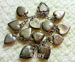 40's Vintage Sterling Silver Puffy Heart Charm Bracelet Repousse, Enamel, Locket