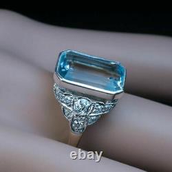 4Ct Emerald Cut Aquamarine Diamond Vintage Engagement Ring 14K White Gold Finish