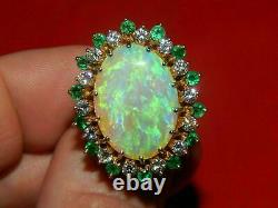 4Ct Oval Cut Halo Fire Opal & Green Emerald Engagement Ring 14k Yellow Gold Over