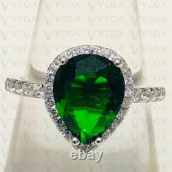 5.80Carat Pear Shape Natural Emerald and Diamond Halo Ring 18K White Gold Plated