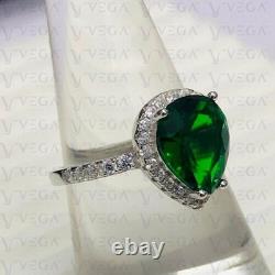5.80Carat Pear Shape Natural Emerald and Diamond Halo Ring 18K White Gold Plated