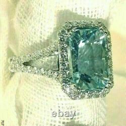 5Ct Emerald Natural Aquamarine Halo Engagement Ring 14K White Gold Silver Plated