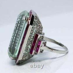 7Ct Vintage Art Deco Style Aquamarine & Ruby Anniversary 14K White Gold FN Ring