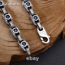 7MM Heavy Real 925 Sterling Silver Blue CZ Chain Mens Vintage Necklace Choker