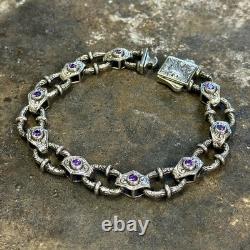 925 Men Silver Amethyst Chain Hand-Engraved Link Chain, Heavy Vintage Chain