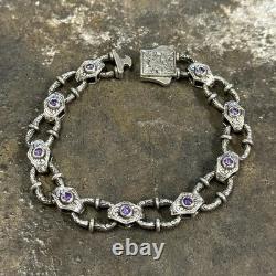 925 Men Silver Amethyst Chain Hand-Engraved Link Chain, Heavy Vintage Chain