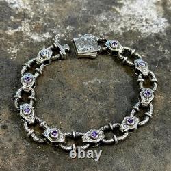 925 Men Silver Amethyst Chain Hand-Engraved Link Chain, Heavy Vintage Chain