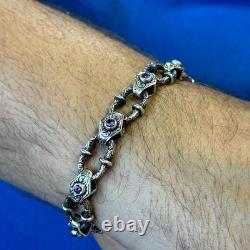 925 Men Silver Amethyst Chain Hand-Engraved Link Chain, Heavy Vintage Chain