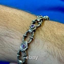 925 Men Silver Amethyst Chain Hand-Engraved Link Chain, Heavy Vintage Chain