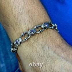 925 Men Silver Amethyst Chain Hand-Engraved Link Chain, Heavy Vintage Chain