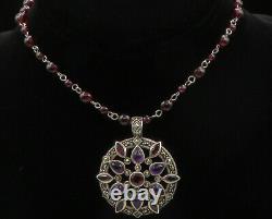 925 Silver Vintage Amethyst Garnet & Marcasite Floral Chain Necklace NE2207