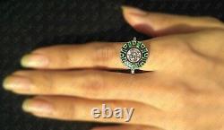925 Sterling Silver 1.8 Ct Round Vintage Art Deco Enamel Engagement Ring